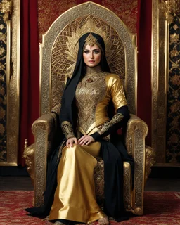 A length image of photography full body photo of a beautiful-faced Persian islamic hijab Queen sitting on a luxurious chair in a palace, wearing luxurious battle armor with a design of gold and black metal plate and metal crafts with radiant diamond luster, decorated with flower-shaped red diamond stone, black leaf decorations,and small dragon decorations, against a gold background, holding a gold carved sword, accompanied by two white tigers angry face sitting beside him, with added details.