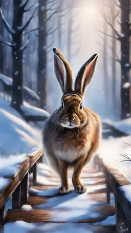 hare in the snow on bridge in the forest, magazine cover illustration with oil paint and spray paint, signed, bokeh like, down-light, unreal engine, prize winning