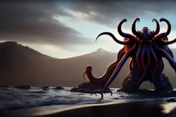 Cthulhu rising, dark, ocean, mist, mountains in background, massive