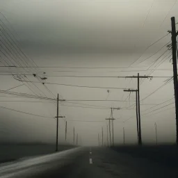 An empty road on a misty day. Telegraph poles and wires. Muted tones. Tilted high horizon. With blotches, blurry areas and lens noise and grain. Photo 4k