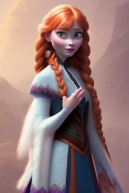 Woman, cute, beautiful, orange hair, two braids, bangs, blue eyes, big eyes, freckles, long eyelashes, pink lipstick, thin lips, small nose, Anna from Frozen, 8k resolution concept art portrait by Greg Rutkowski