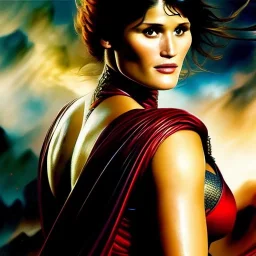 portrait oil on canvas,Gemma Arterton as beautiful busty Female Warrior, minimal armor,comic book cover, mystical colors,insanely detailed,realistic,intrincate detail, 16k resolution, masterpiece,Frank Frazetta,Alex Horley, Simon Bisley,