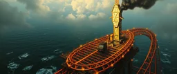 master oil painting by Rembrandt, roller coaster with some bad ass power off shore oil platform cyber punk people experiencing gravity at its worst