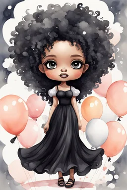 A watercolor fairytale style of a chibi cartoon wearing a black maxi dress and black sandals. Prominent make up with hazel eyes. Highly detailed tight curl afro. Background of white, peach, and gray ballons everywhere.