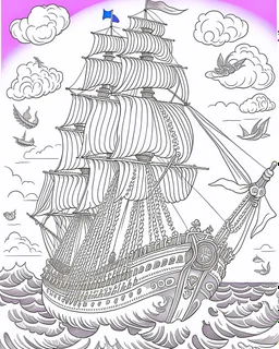 Create an exhilarating coloring page inspired by the Pirates of the Caribbean movie, featuring a majestic pirate ship sailing through rough seas. Challenge young artists to add their creative touch to billowing sails, the iconic Jolly Roger flag, and crashing waves. This black-and-white coloring adventure invites kids to embark on an exciting journey as they bring this thrilling pirate ship scene to life on paper.