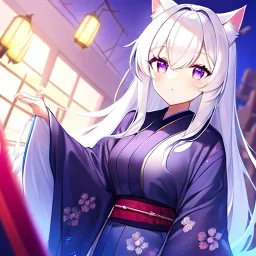 cat girl, masterpiece, best quality, volumetric lighting, detailed outfit, perfect eyes, white hair, purple eyes, long hair, tail, kimono,