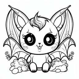 create a 2d black outline, " kawaii kitty with bat wings coloring book for kids", coloring page, low details design, black contour, coloring page design, colorful , card style, coloring page for kids, halloween backgorund,sketch style,