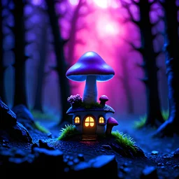 "Close up of a wonderful tiny Mushroom Tower home. indigo and magenta with bright white, deep black and contrasting tones of gray. Illuminated bioluminescent forest. Professional painter, master at composition. small but detailed. broken, blurred background, voluminous lighting"