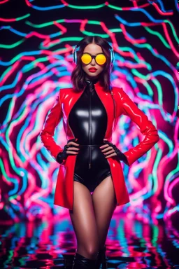 super model pretty girl ,fashion style,latex suit,headphone with sunglasses colorsfull ,background neon light