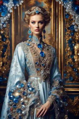 Gorgeous photography stand pose Beautiful super model Russian dressing Luxury gown Victorian colorful art conceptual, amazing artwork,close-up portrait,crystal diamonds shappire ornaments background