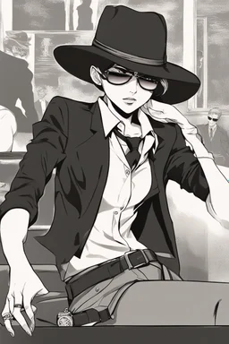 manga, anime, drawing, art, cartoon, perfect body, perfect hands, perfect face, perfect eyes, perfect arms, perfect cowboy hat, mafia woman, female mafia,, short hair pixie cut shaved side, black suit and tie, sunglasses, badass, cool, attractive