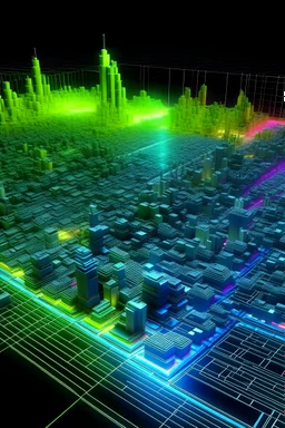 city like tokio made of bright circuit'z only a gradient map between #010101 and #03c03c realistic 3D immage effects zoom in