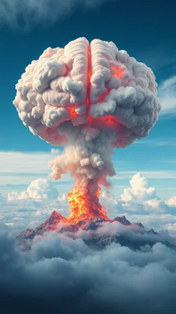 nuclear explosion cloud, the top is crossed with a human brain
