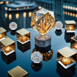 crystal Dodecahedron with golden sphers inside, which reflects the modern city environment in modern city escape , transforms into array of crystal cubes.