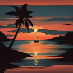 A serene sunset over a calm ocean, with a silhouette of a sailboat on the horizon