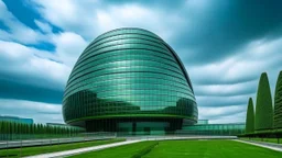 A large, futuristic-looking (green building with a curved, domed roof and large windows|A sleek, modern skyscraper with a unique, angular design and floor-to-ceiling windows), possibly a museum or cultural center, set against a cloudy sky background