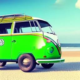 old Volkswagen partyvan, green color van, funny colored, partyvan on the beach, sunny beach, sunny weather, beach party, party people, party, realistic, ultra high quality, unreal engine, cinematic, surfing, palms, palm beach, beach, sandy, professional photography, ultra resolution