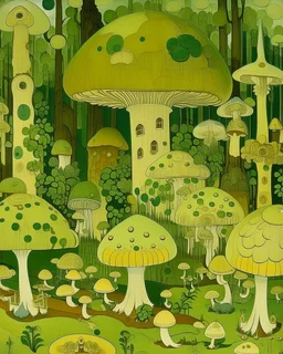 A lime green kingdom with mushrooms designed in German folk art painted by the Lyonel Charles Feininger