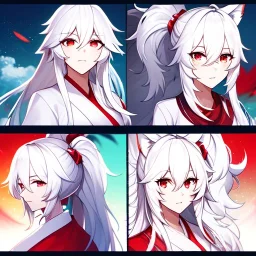 Clear focus, 8k, beautiful lighting, vibrant colors, fox girl, white hair, long hair, vibrant red eyes, ponytail, messy hair, hair in between the eyes, miko