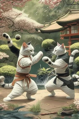 martial artist cats fighting in a Japanese garden