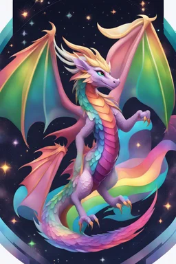 full body image of a kind dragon, the iridescent and metallic colors of rainbow stainless steel - purple, pink, blue, and green most prominent, flying in the sky - on its back, a short but curvy androgynous person with glasses and short blonde hair