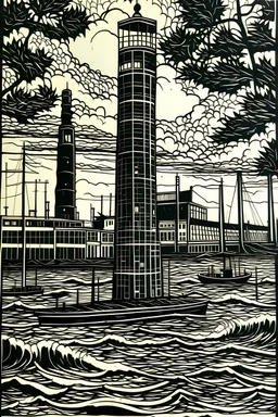 Linocut grimsby dock tower