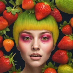 An amusing parody, an old, decomposing strawberryzombiegorillawitch with pixie-cut hair, wearing rotting underwear, 4k, 8k, 32k UHD, Hyper realistic, extremely colorful, vibrant, photorealistic, realistic, sharp, highly detailed, professional quality,