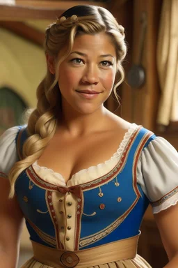 Gina Rodriguez fully transformed into a blonde german version of herself, dirndl attire. Head undergoes complete change, golden radiance, blue eyes, idealized Germanic allure emerges. Torso fully transformed, enhanced curves pronounced, dirndl-clad, embroidered details accentuating. Arms refine into a graceful embrace of tradition. Hips and thighs sculpted into an idealized silhouette. Legs elegantly elongate, carrying enchantment seamlessly. Feet undergo a subtle yet refined transformation.