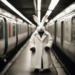 [vintage style noisy scratches glitches, Shot the texture and then rewound the film and double exposed] the knitted white rabbit wears a long coat and sits in the subway, smoking a cigarette