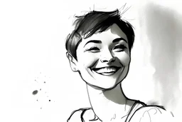 Minimalist ink pencil and charcoal drawing of a happy woman with short hair who is year old digital artist