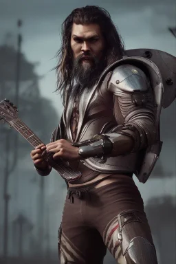 Jason Momoa like a cyborg,playing guitar,detail,textures