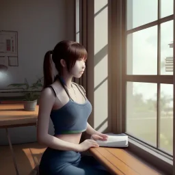 female student studying by the window, anime style, full body, cool face, unreal engine 5, cinema4d, sun light, studio lighting --ar 1:1 --v 4