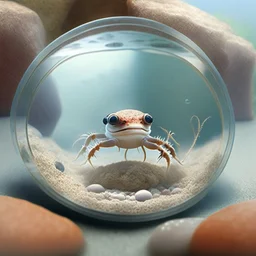 A cute little crab in a small circular fish tank.