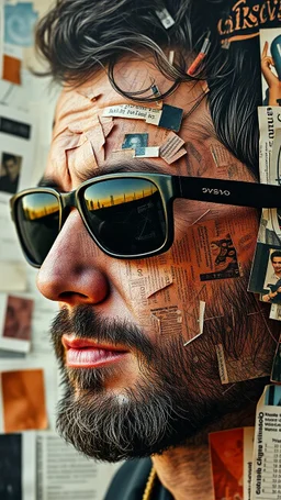 A face in details . The texture of the face is a collage of many peace’s of cur old pictures and newspapers parts sticks on the whole man face with black sunglasses in a collage style