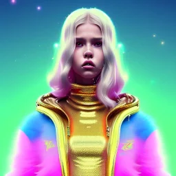 blonde woman teenager, gold teeth, feather sweater, purpurin, retro futuristic, latex dress, gradient color, BLUE, PINK, CYAN, neon, insanely detailed, 16k resolution, perfect eyes, cinematic smooth, intricate detail