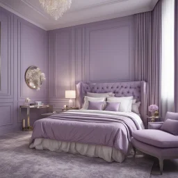 hotel bedroom master, modern classic style, lavender colors, 3d