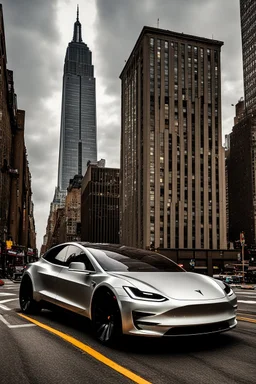 A Tesla's 'Cybertruck' is drifting at top speed, near the "Empire State Building' in New York. CINEMATIC. WIDE ANGLE LENS. PHOTO REAL.