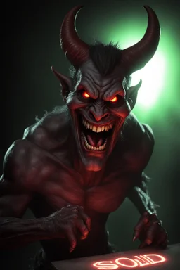 A realistic ghoulish laughing devil with glowing eyes and horns, leaning forward at an angle as if over someone's shoulder, facing right, holding a large sign that says "SOLD" in clear letters. No humans, no extra subjects, cinematic horror lighting.
