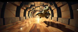 pin hole cam , master oil painting by Rembrandt, reflective marble madness opera fast jumping turtle character portrait, a living bowling marble halls with slightly tilted floor in a twisted block maze, scenery from the game "marble madness", crystal birds, the floor betrays, the walls collide