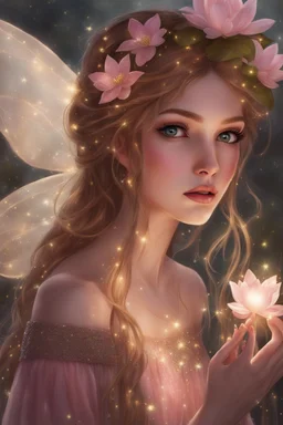 Pink dress,Sparkling fairy wings,Very long golden hair,Fairy crown,pointed ears,elven ears,fairy wings,water lilies,sparkling,glittering,flowers,blossoms,golden crown,light pink dress