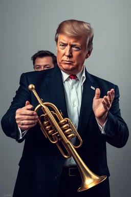 Trump holding and putting and playing the Trump musical instrument , Elan Musk is standing in the background clapping nis hands, traditional si, studio photograph, very aesthetic, highly detailed, brilliant composition, hyper realistic, photorealistic, subsurface scattering matt painting