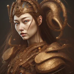 an abstract painting of rusted wood, woman japanese Viking style, 8K, a Highly detailed stunning full frame portrait, wide-angle view, a realistic face, volumetric lighting, volumetric clouds