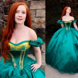 princess with long auburn hair in a big teal green and gold satin ballgown corset off shoulder top dancing in a castle