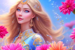 Beautyful smiling young woman, long hair amazing blue eyes, flowers, happy cosmic, bright colors, blue, pink, gold, jewels, realistic, photo real, clear sunny background, highly detailed, high contrast, 8k high definition, unreal engine 5, extremely sharp detail, light effect, sunny light background