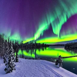 high-quality, fine-detail photography of beautiful, stunning, winter forest surrounding large reflective lake with vibrant, colorful northern lights filling sky, Norway, Iceland, 8k resolution, realistic, intricate, 3D, digital art, detailed matte, volumetric lighting, brian froud, howard lyon, selina french, annie stokes, lisa parker, greg rutowski