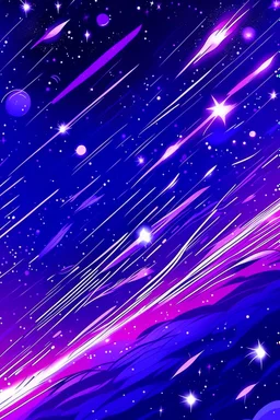 A violet outer space with shooting stars in purism art style