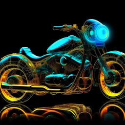 A mesmerizing and ethereal hologram transparent glass fantasy minion on motorcycle The translucent fire within the fractal glows with a captivating luminosity, its intricate patterns performing a mesmerizing dance of recursion. The radiant glow casts an otherworldly aura upon the sleek black neon surface, creating an enchanting and surreal visual spectacle.