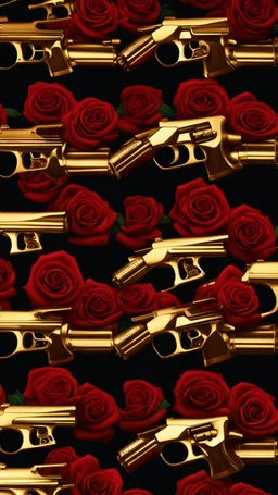 two golden guns above a grave in a field full of red roses.cinematic