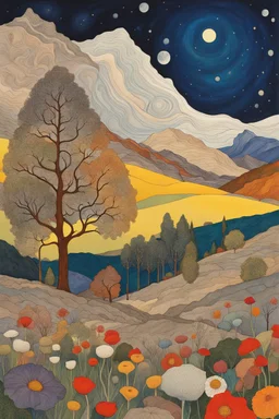 Many colors, peaceful, Egon Schiele, Max Ernst, night sky filled with galaxies and stars, rock formations, trees, flowers, one-line drawing, sharp focus, 8k, deep 3d field, intricate, ornate, one million strokes