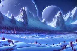 Fantastic, lunar, alien, unusual, starry, winter, mountain resort, high detail, complex details, high resolution, clear quality, beautiful lighting, spectacular lighting, deep shadows, warm colors, warm light, Elegant, 8k, Oil on canvas, Super detailed, 4K 3D, Clear quality, Colorful, Very cute